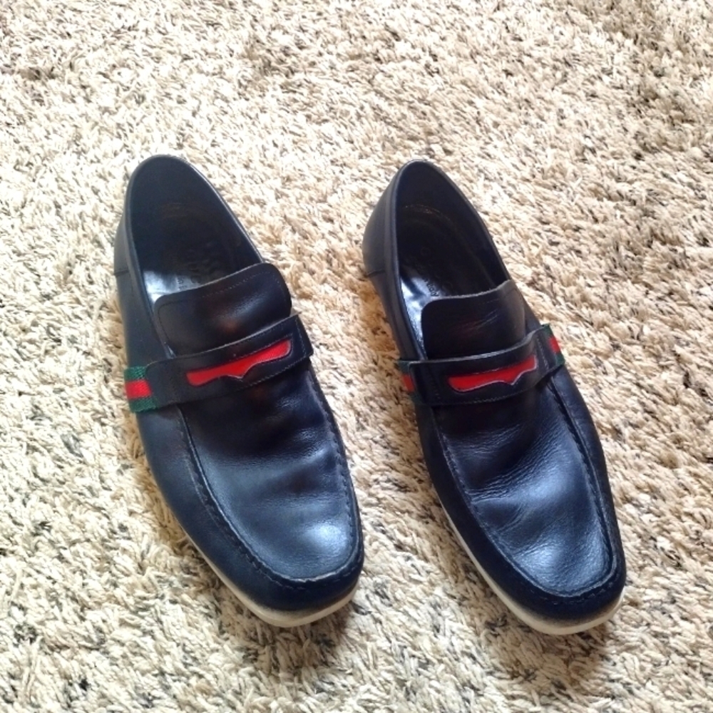 GUCCI  FLAG Black Leather Boat Deck Loafers sz 9